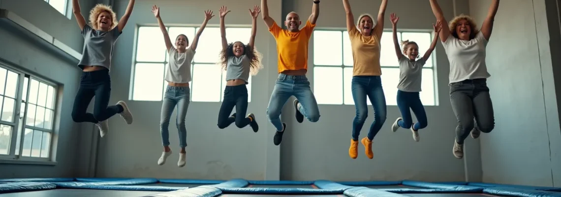 Mehrere Generationen springen gemeinsam auf Trampolinen in einem modernen Indoor-Park, natürliches Licht, fröhliche Atmosphäre
