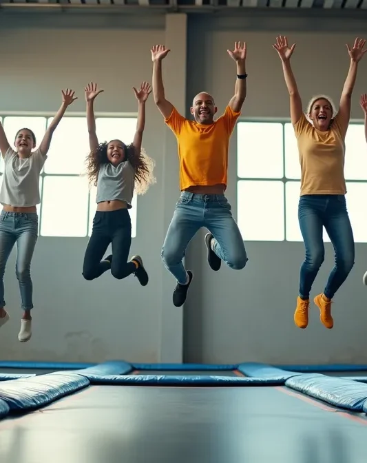 Mehrere Generationen springen gemeinsam auf Trampolinen in einem modernen Indoor-Park, natürliches Licht, fröhliche Atmosphäre
