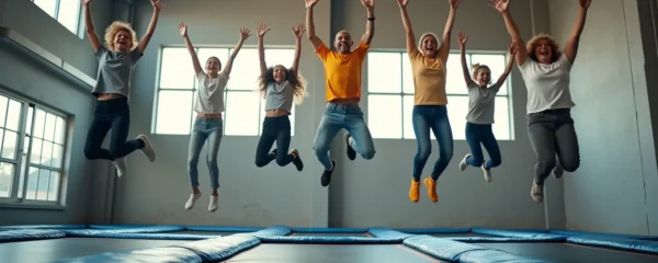 Mehrere Generationen springen gemeinsam auf Trampolinen in einem modernen Indoor-Park, natürliches Licht, fröhliche Atmosphäre