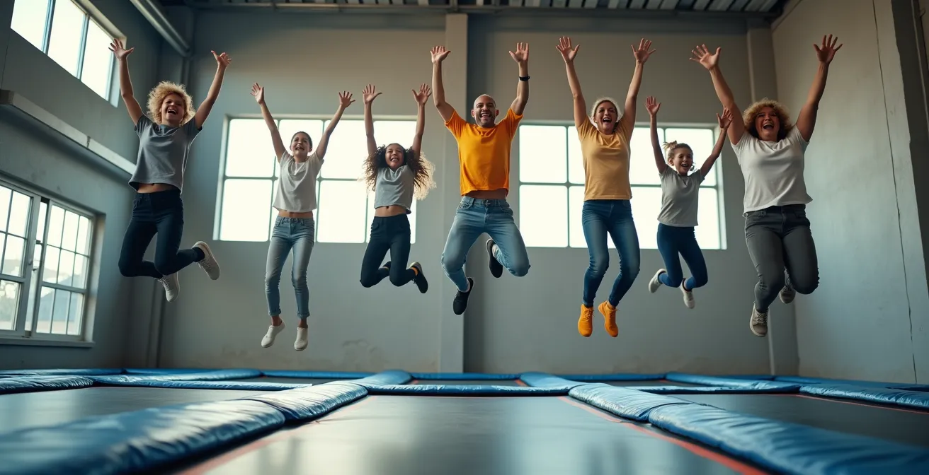 Mehrere Generationen springen gemeinsam auf Trampolinen in einem modernen Indoor-Park, natürliches Licht, fröhliche Atmosphäre