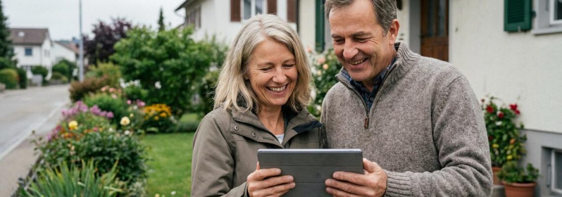 Schweizer Ehepaar prüft Online-Immobilienbewertung vor ihrem Einfamilienhaus