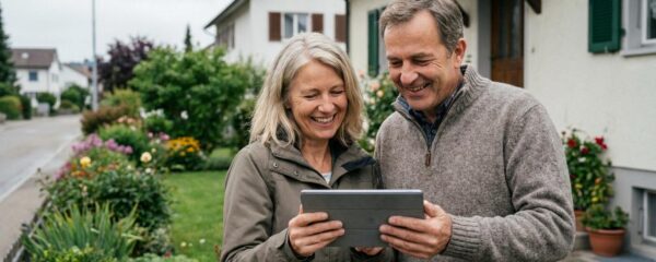 Schweizer Ehepaar prüft Online-Immobilienbewertung vor ihrem Einfamilienhaus