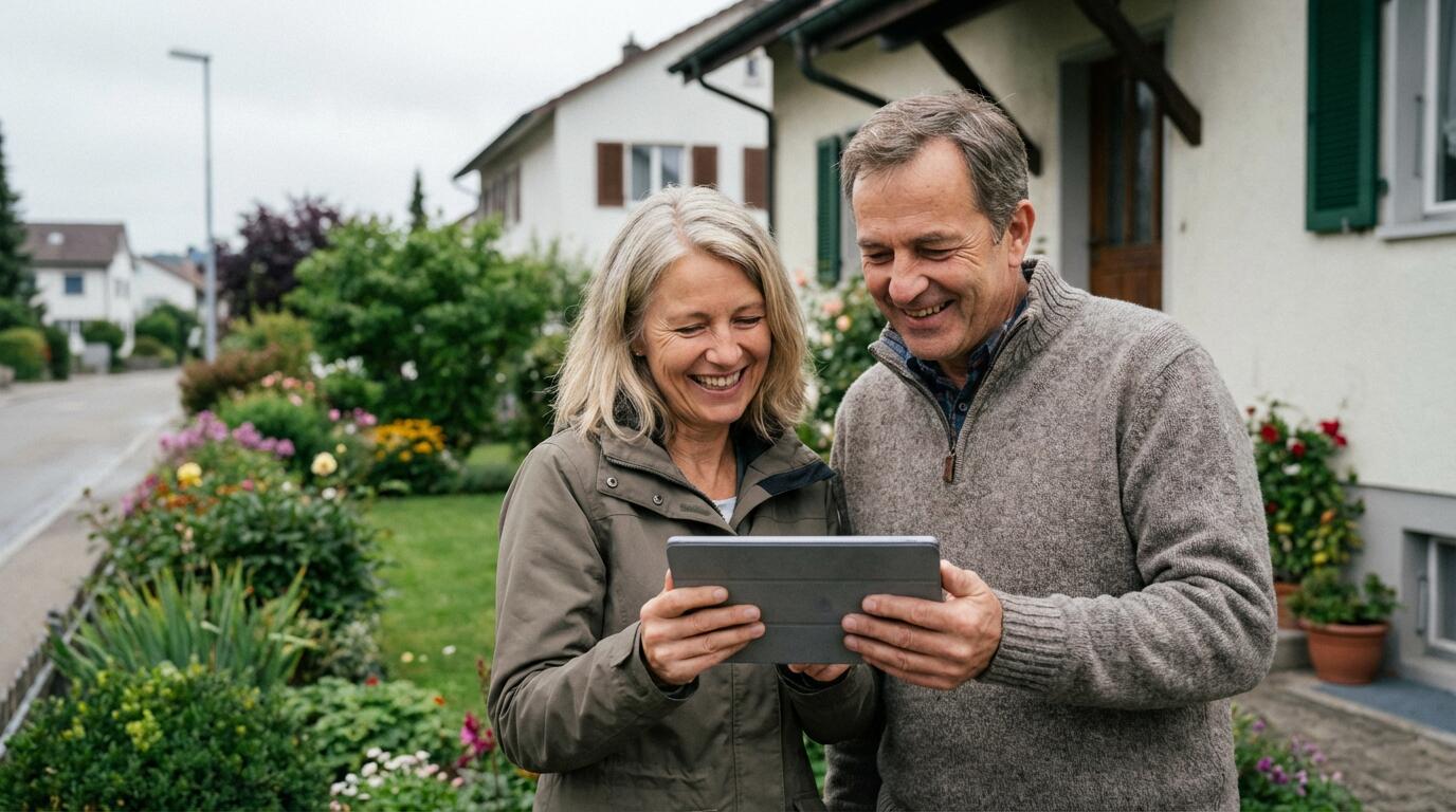 Schweizer Ehepaar prüft Online-Immobilienbewertung vor ihrem Einfamilienhaus
