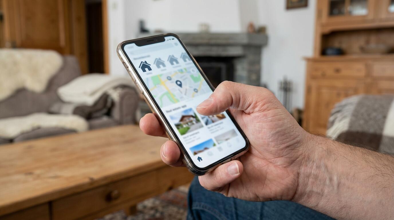 Un smartphone affiche une application d'évaluation immobilière dans un salon suisse confortable.