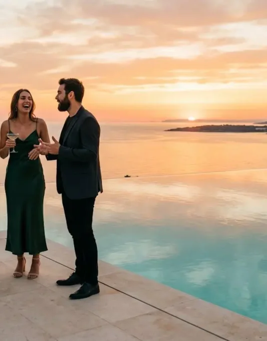 Gruppe in Abendkleidung am Infinity-Pool mit Cocktails bei Sonnenuntergang.