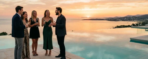 Gruppe in Abendkleidung am Infinity-Pool mit Cocktails bei Sonnenuntergang.