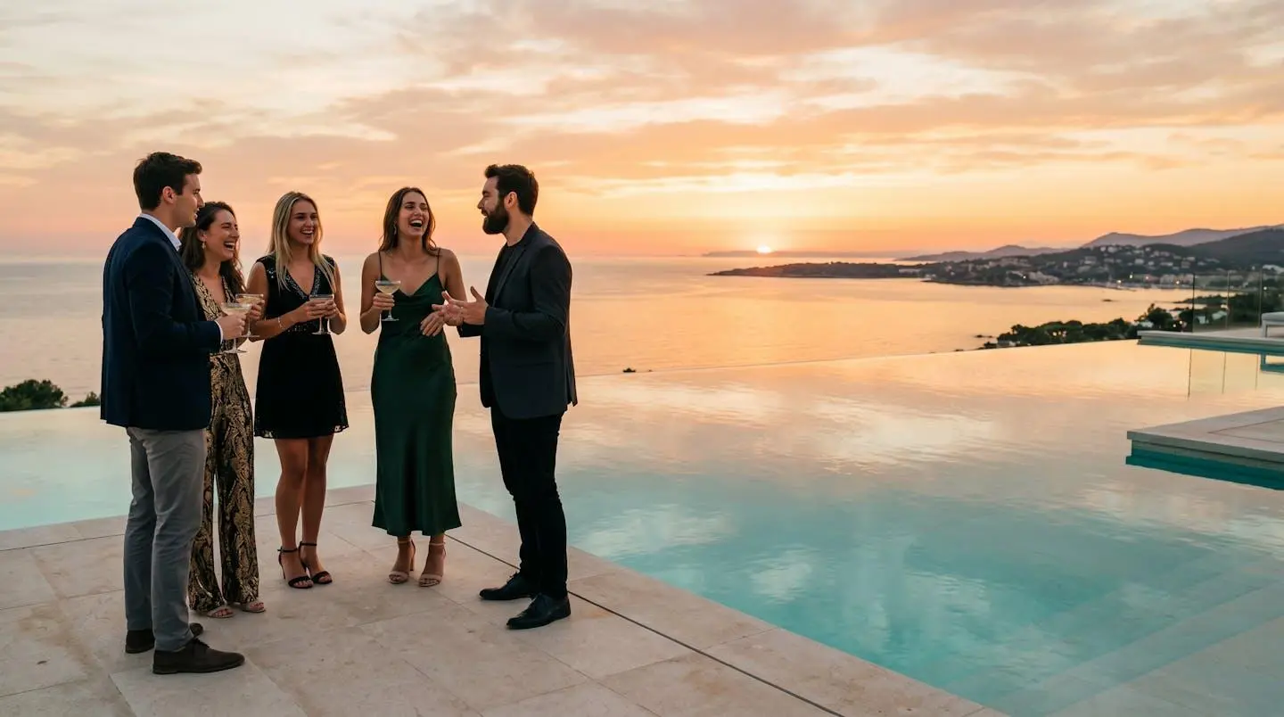 Gruppe in Abendkleidung am Infinity-Pool mit Cocktails bei Sonnenuntergang.