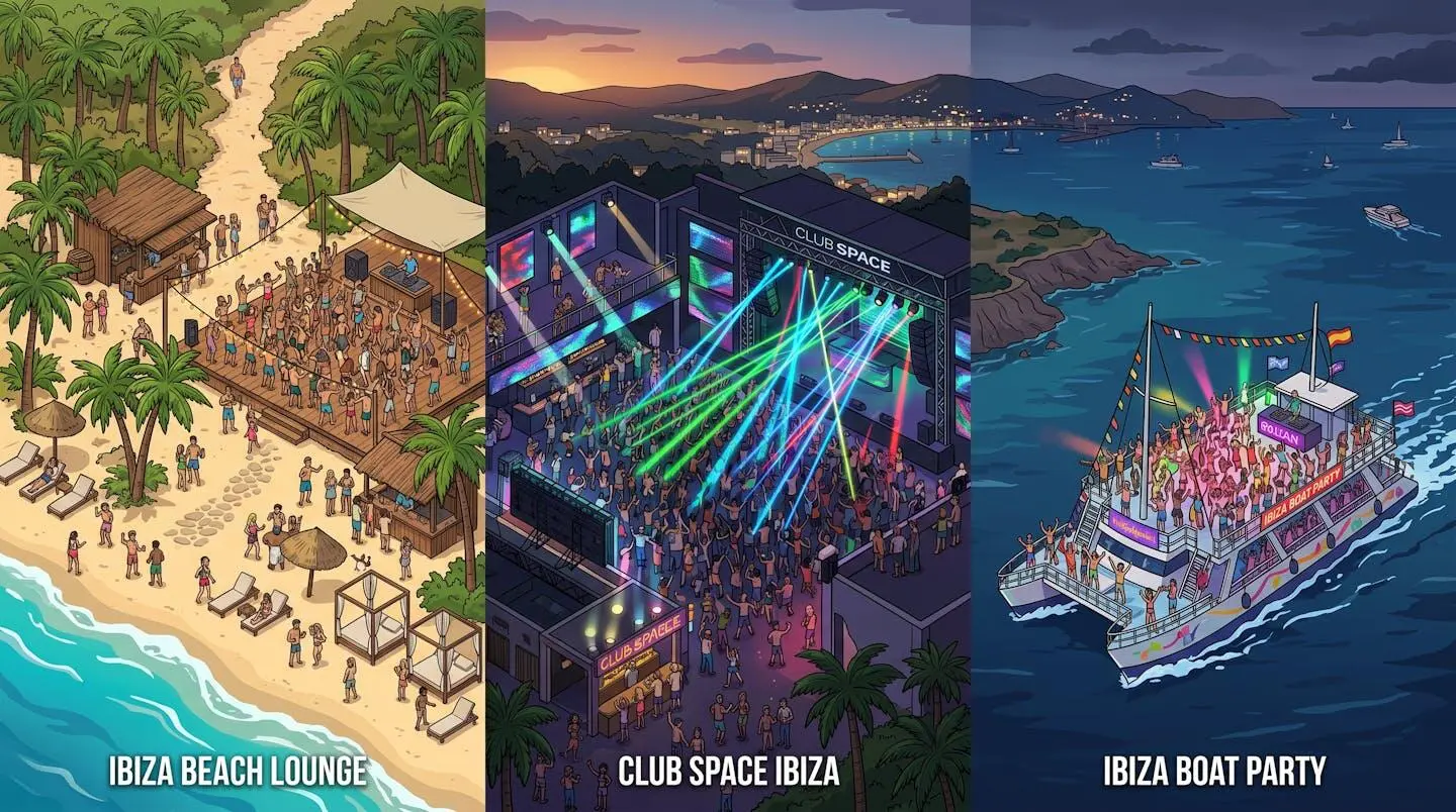 Isometrische Illustration von drei verschiedenen Party-Locations auf Ibiza: Strandlounge, Club und Partyboot.