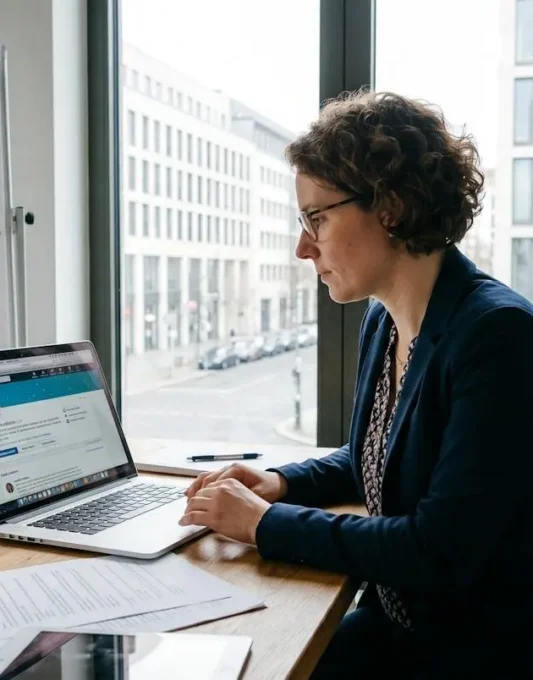 Personalberater in modernem Büro in München bei der Sichtung von Kandidatenprofilen auf LinkedIn und Xing, mit ausgedruckten Lebensläufen und Laptop auf dem Schreibtisch