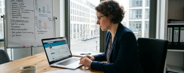 Personalberater in modernem Büro in München bei der Sichtung von Kandidatenprofilen auf LinkedIn und Xing, mit ausgedruckten Lebensläufen und Laptop auf dem Schreibtisch