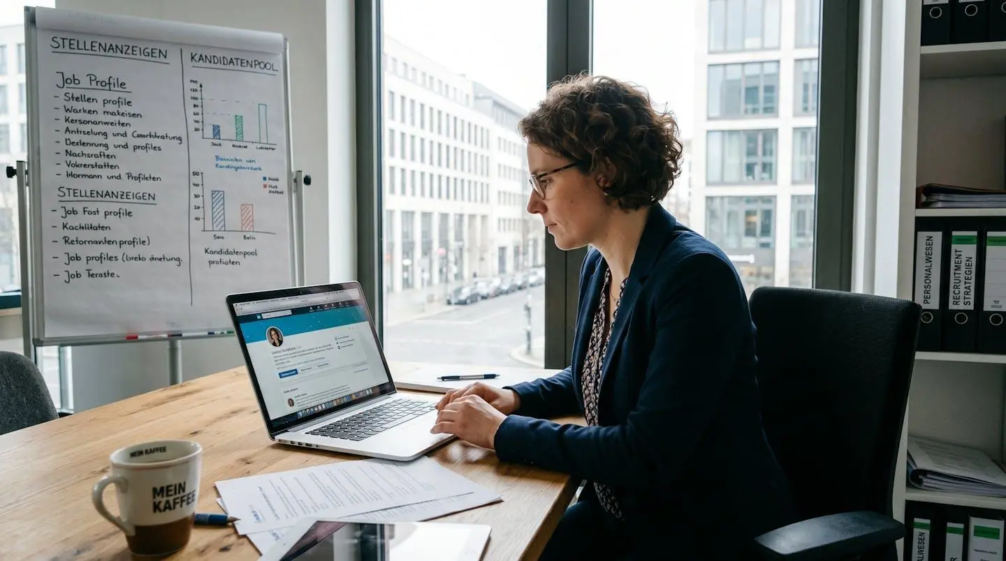 Personalberater in modernem Büro in München bei der Sichtung von Kandidatenprofilen auf LinkedIn und Xing, mit ausgedruckten Lebensläufen und Laptop auf dem Schreibtisch