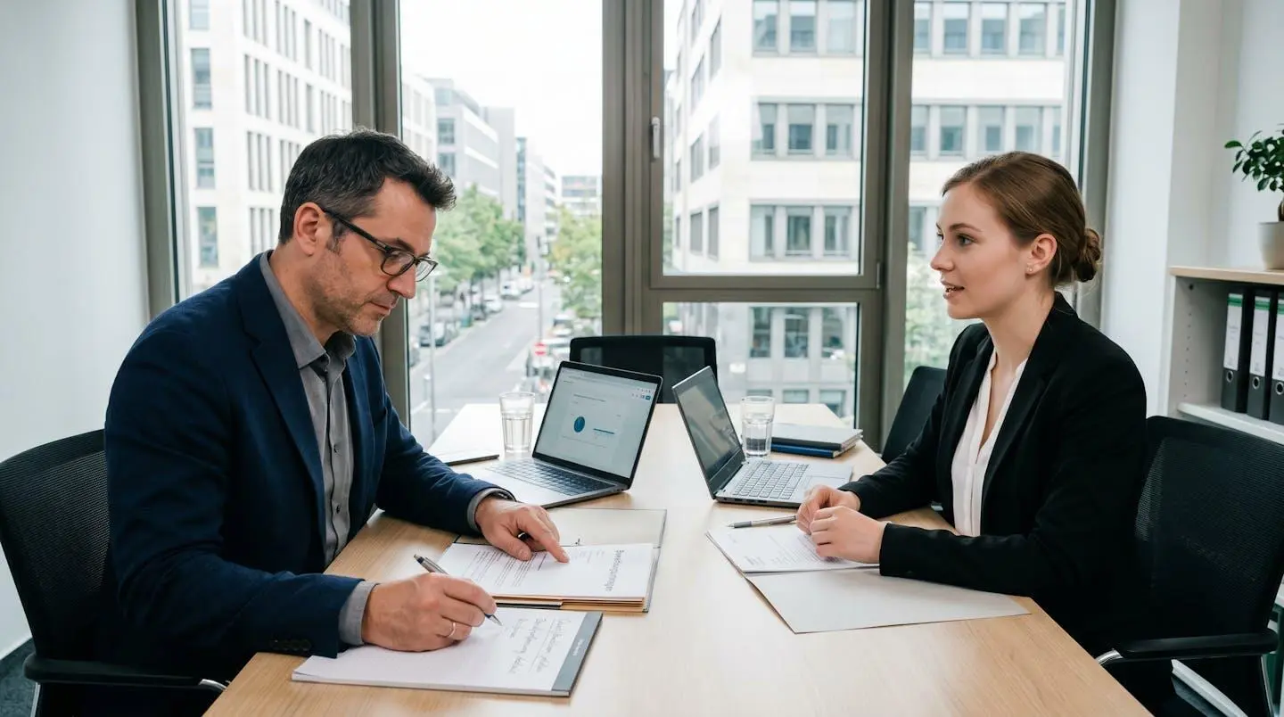 Professionelles Bewerbungsgespräch zwischen Recruiter und Kandidat in modernem Besprechungsraum, beide im konstruktiven Austausch über Unterlagen