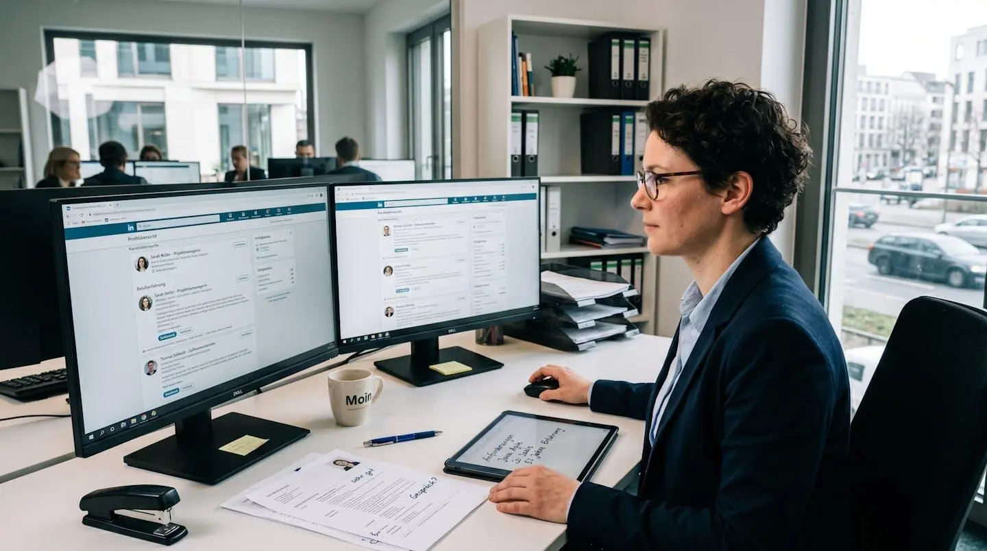 Recruitment-Spezialist bei der Analyse mehrerer Kandidatenprofile auf LinkedIn und Xing, mit Notizen und annotierten Lebensläufen auf dem Schreibtisch