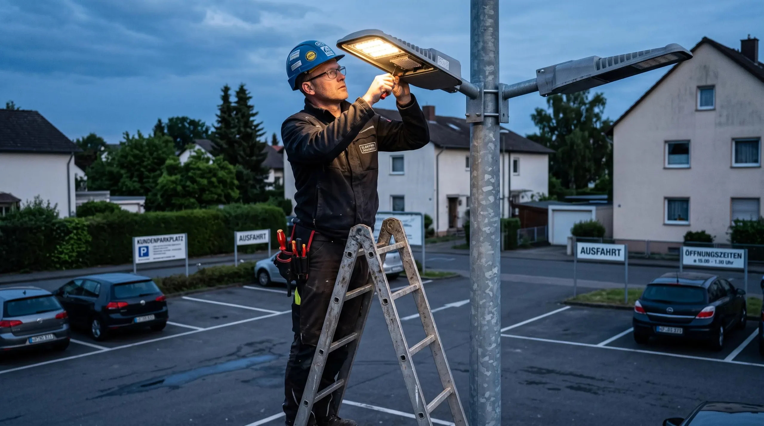 Ein Elektriker auf einer Leiter prüft bei Dämmerung eine LED-Leuchte an einem Mast auf einem deutschen Parkplatz.