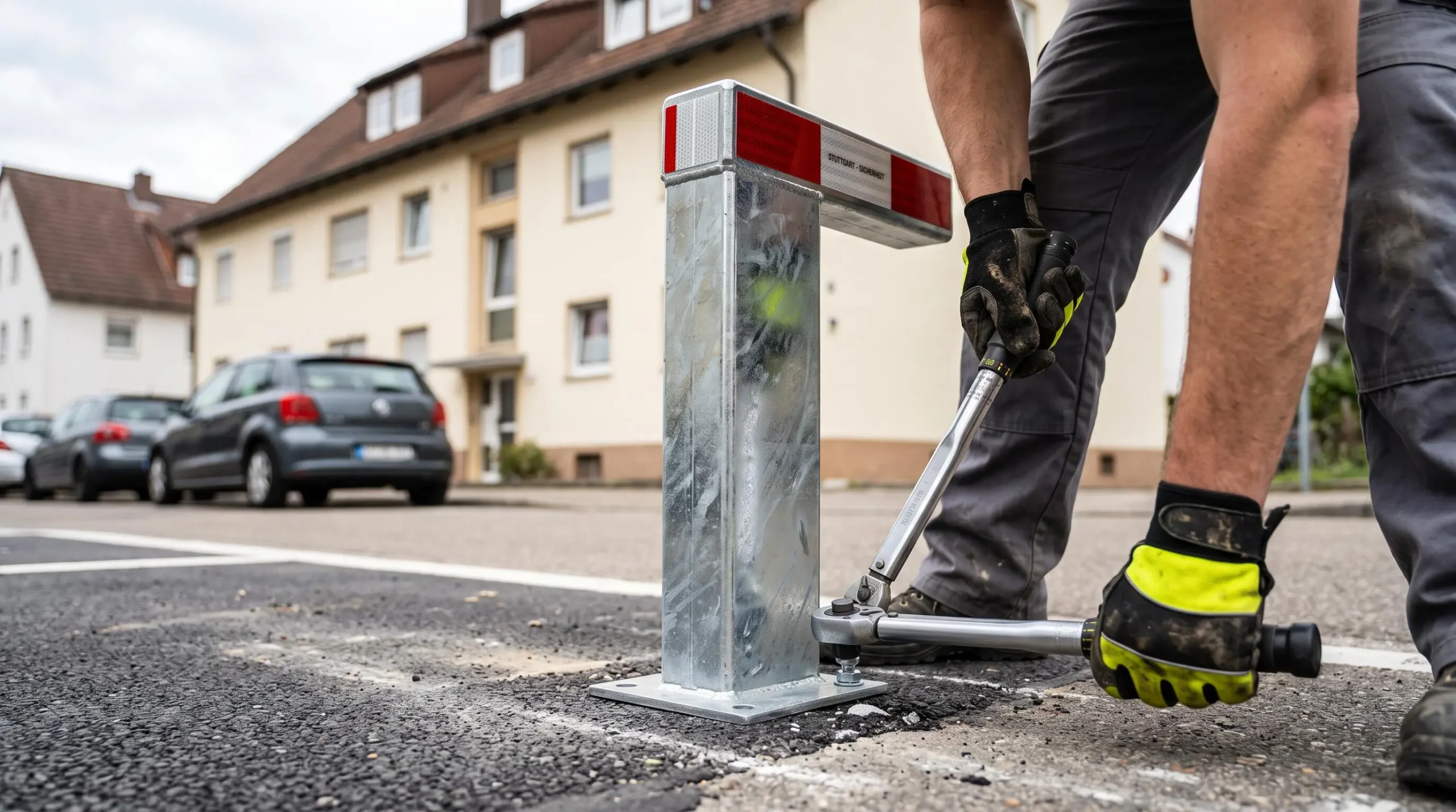 Nahaufnahme eines Monteurs, der einen Parkplatz-Schutzpfosten mit einem Drehmomentschlüssel auf einem asphaltierten Stellplatz befestigt.