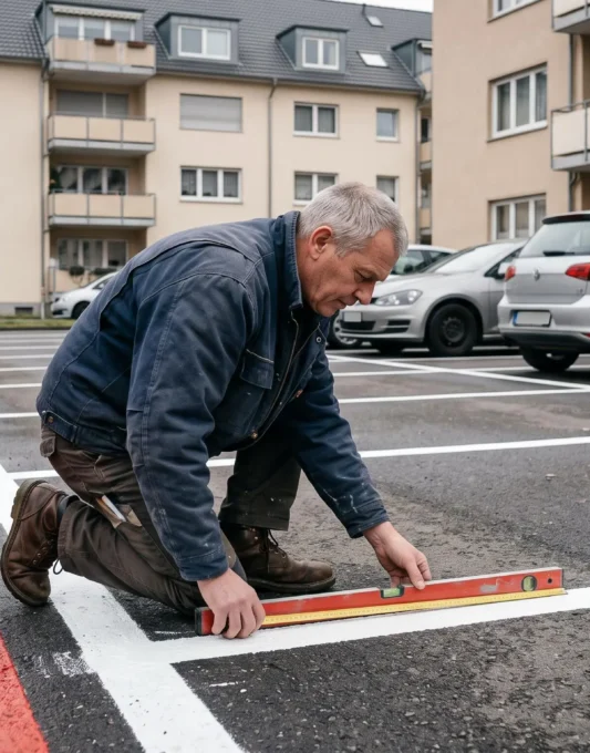 Ein Verwalter kniet auf einem Wohnanlagen-Parkplatz und prüft die frisch lackierten Parkmarkierungen mit Maßband und Wasserwaage.
