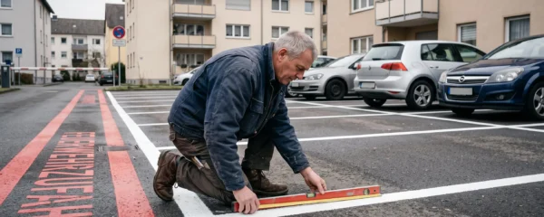 Ein Verwalter kniet auf einem Wohnanlagen-Parkplatz und prüft die frisch lackierten Parkmarkierungen mit Maßband und Wasserwaage.