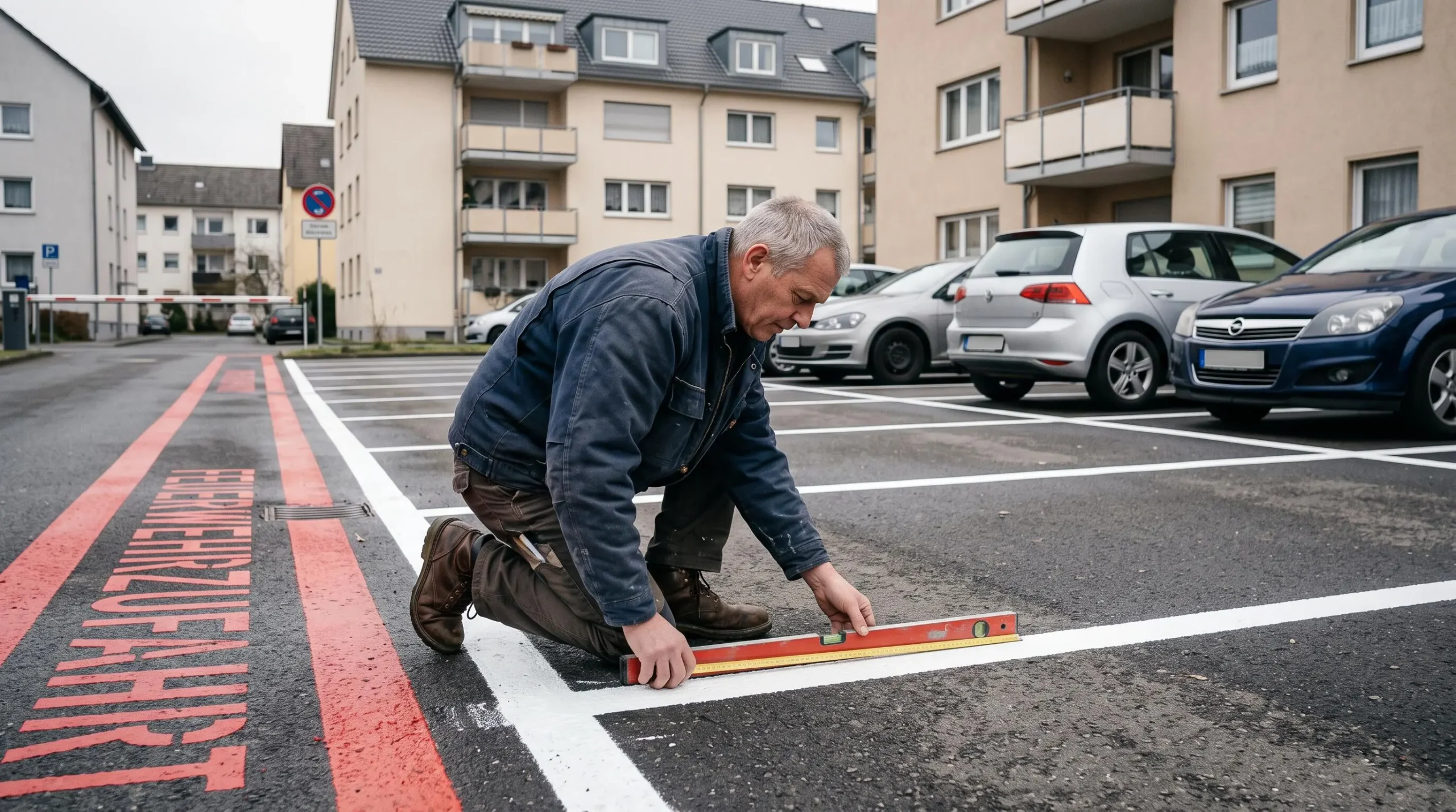 Ein Verwalter kniet auf einem Wohnanlagen-Parkplatz und prüft die frisch lackierten Parkmarkierungen mit Maßband und Wasserwaage.